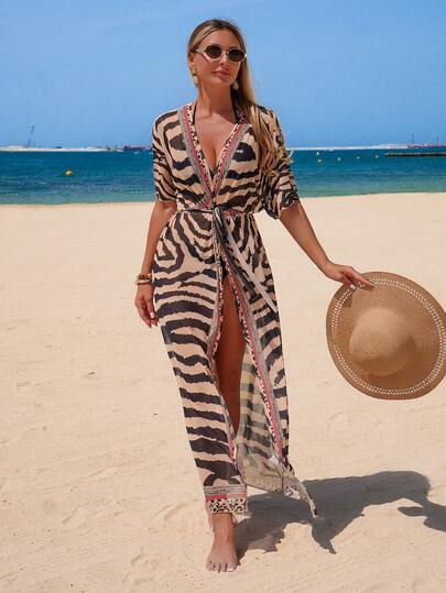 Swim Vcay Women's Summer Vacation Sheer Zebra Print Long Kimono Cardigan 2026 New Women's Swimwear ArrivalFor School,Suitable For Holiday, Date, Afternoon Tea, Western, Cruise, Beach, Island, Road Trip, All Seasons, Music Festival, Boho Vacation,Bohemian Vacation, Chill Autumn ,Western Boho ,Elegant Tops For Women