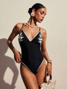 Poéselle Women's Black Floral-Embroidered Scallop-Trim One-Piece Swimsuit – V-Neck High-Cut Crochet-Edge Monokini Black One Piece Swimsuit, Embroidered Swimsuit, High Cut One Piece, Floral Swimwear, V Neck Monokini, Crochet Trim Bikini, Chic Beachwear, Summer Swim Spaghetti Strap V-Neck Sleeveless Fitted Vintage Floral One-Piece Swimsuit Swimwear For Women Onepiece One Piece Bathing Suits For Women Zestiva Swimsuit - Black - View 2