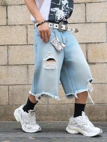Manfinity EMRG Quần short denim ống rộng màu đồng bạc màu dành cho nam - Rửa nhẹ - Xem 7