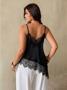 Auralis Plus Size Women's Elegant Sexy Black Lace Trim Camisole Summer Formal Wedding Guest Date Night Evening Night Out Club Vest Asymmetrical Hem Patchwork - Black - View 3