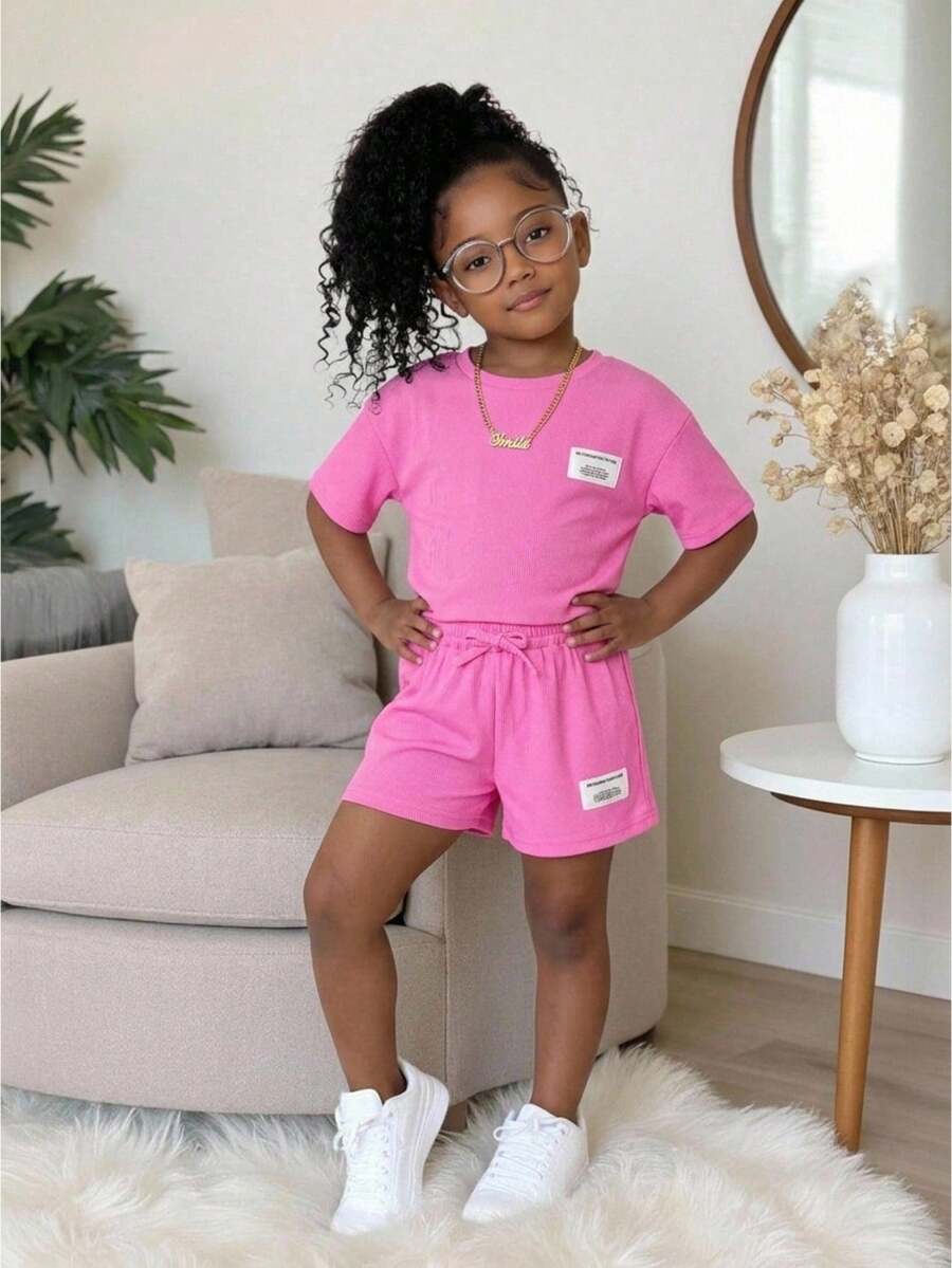 2pcs/Set Young Girls' Knitted Solid Pink Ribbed Texture Soft Comfortable Loose Crew Neck T-Shirt And Fitted Shorts Set - Watermelon Pink - View 1