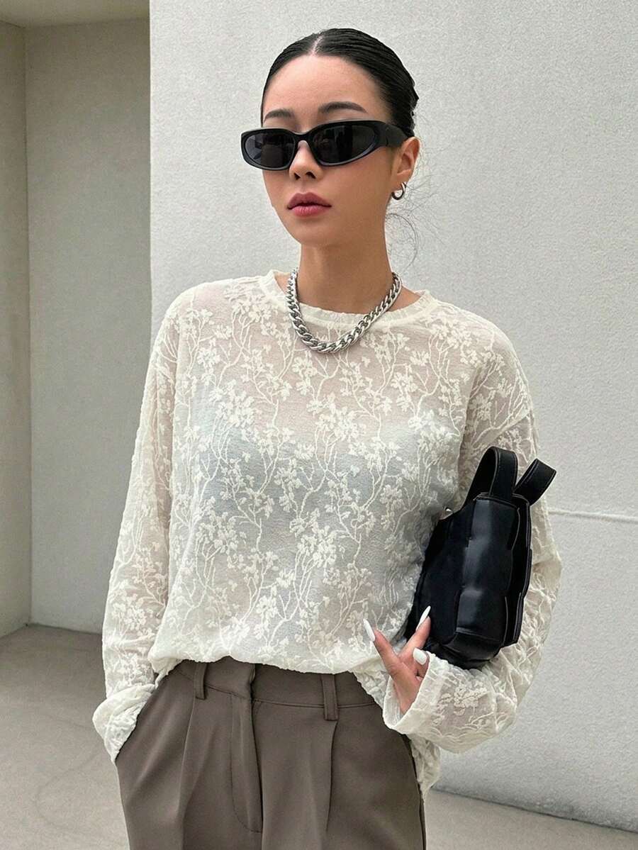 DAZY 女款休閒性感純色提花上衣 夜出白色花卉秋季長袖 - 杏色 - 查看 1