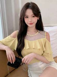 DAZY 女款對比色網格短袖圓領荷葉邊下擺夏季襯衫 - 黃色 - 查看 6