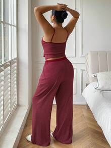 Dazy Plus Conjunto de top de camiseta ajustada a rayas y pantalones de pijama holgados, ropa de estar en casa para mujer talla grande primavera/verano - Rojo - Ver 7