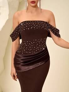 Coutiva 女士露肩褶裥美人鱼款正式晚礼服，饰有水钻 - 棕色 - 查看 4