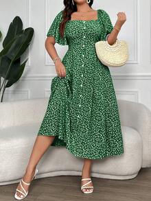 Vionelle Plus Size Women's Ditsy Floral Print Square Collar Buttoned Dress Maxi Women Outfit - Green - View 4