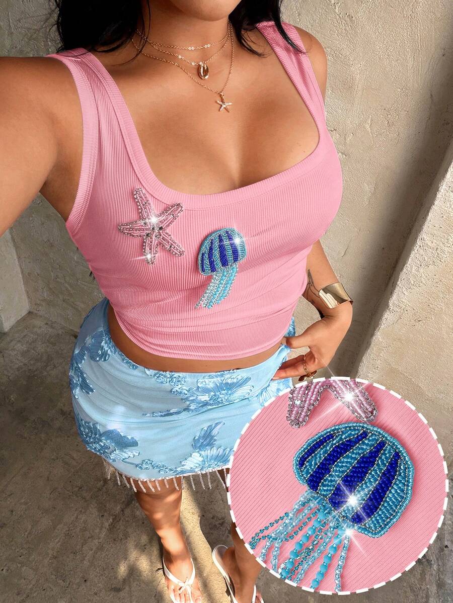 Rustia Áo tank top cỡ lớn, cổ chữ U, không tay, co giãn cao, họa tiết sao biển và sứa, kiểu dáng tối giản, bóng bẩy, thích hợp cho đi biển và hoạt động ngoài trời dành cho nữ. - Hồng - Xem 1