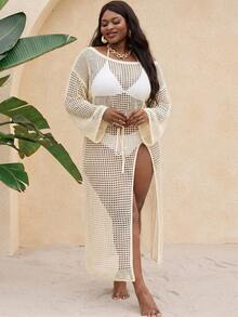 SHEIN Swim Plus Size Women Vacation Slit Knitted Crochet Long Cover Up Dress Beach Vacation Beige Summer Sexy - Apricot - View 6