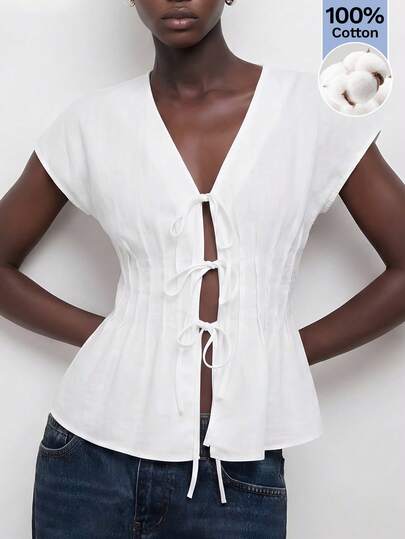 Maija Women's Solid Color V-Neck Twist Front Casual Short Sleeve Top