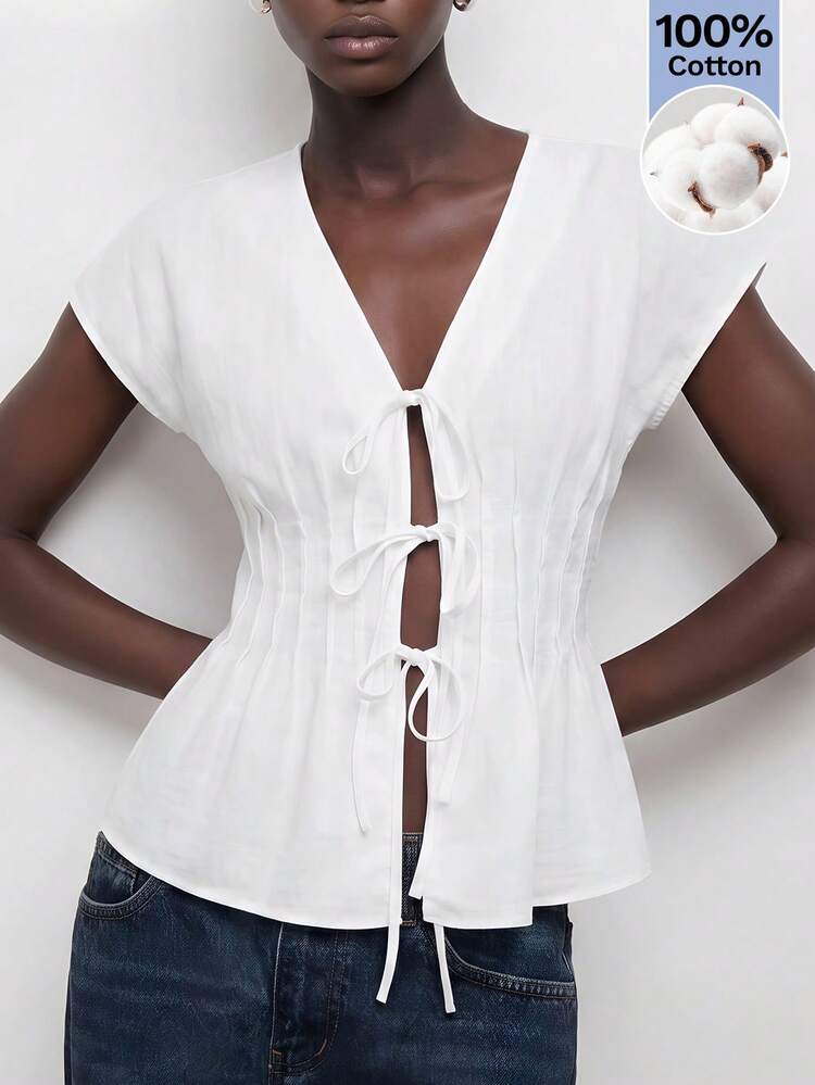 SHEIN Maija Women's Solid Color V-Neck Twist Front Casual Short Sleeve Top,Summer Top