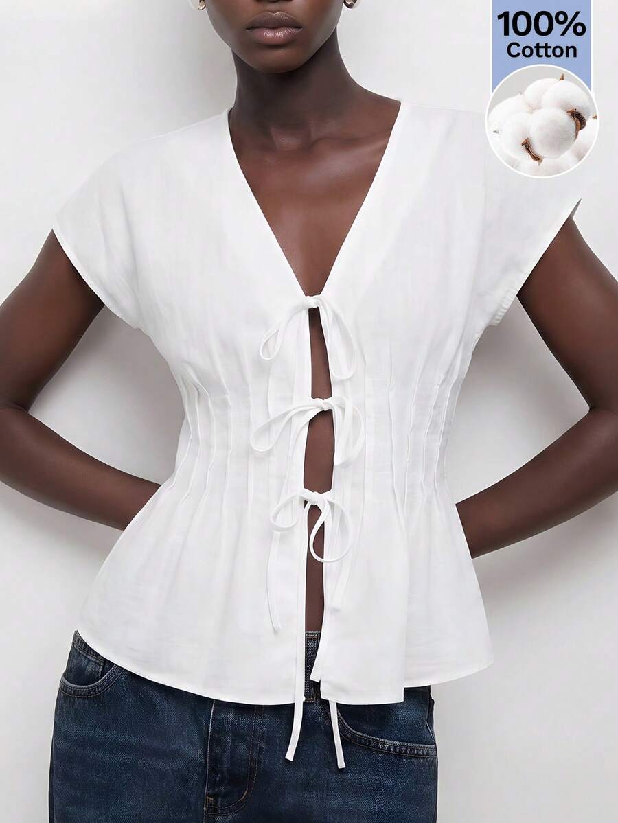 SHEIN Maija Women's Solid Color V-Neck Twist Front Casual Short Sleeve Top - White - View 1