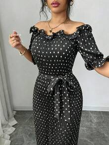 Modelyn 女士优雅波点短袖露肩荷叶边连衣裙，褶裥设计，舒适连衣裙 - 黑色 - 查看 4