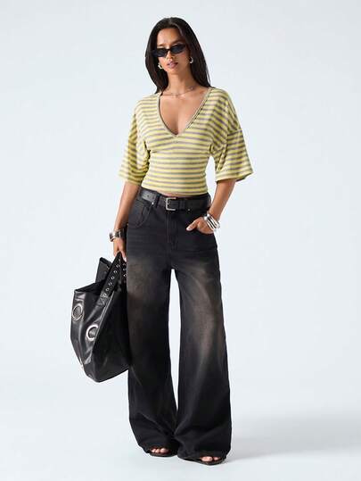 LYSMO 2026 New Arrive Minimalism Spring/Summer Women's Striped V-Neck Drop Shoulder Casual T-Shirt Yellow Top  Summer Outfit For Women Festival Outfits For Women Party Top Vacation Outfits Women Work Outfits For Women  Going Out Tops