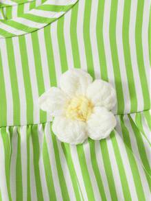SHEIN Baby GirlColorful Striped Floral Trim Casual Cute Dress With 3D Flower Decor, Spring/Summer - Aqua Green - View 7