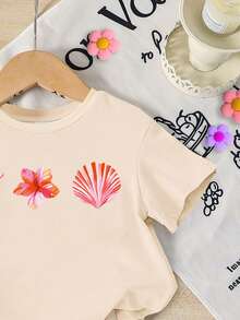SHEIN 一套女婴两件套服装，粉色可爱海洋生物贝壳蝴蝶结印花宽松圆领短袖T恤搭配修身骑行短裤，适合春夏、休闲、海滩、周末等场合，可爱夏季女婴服装，韩版风格，夏季外出，女婴夏季服装，女婴贝壳套装，女婴沙滩套装 - 彩色 - 查看 4