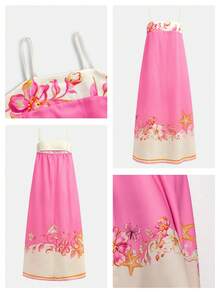 SHEIN Maija 女士印花宽松长连衣裙，带口袋，适合海滩度假 - 紅白色 - 查看 8