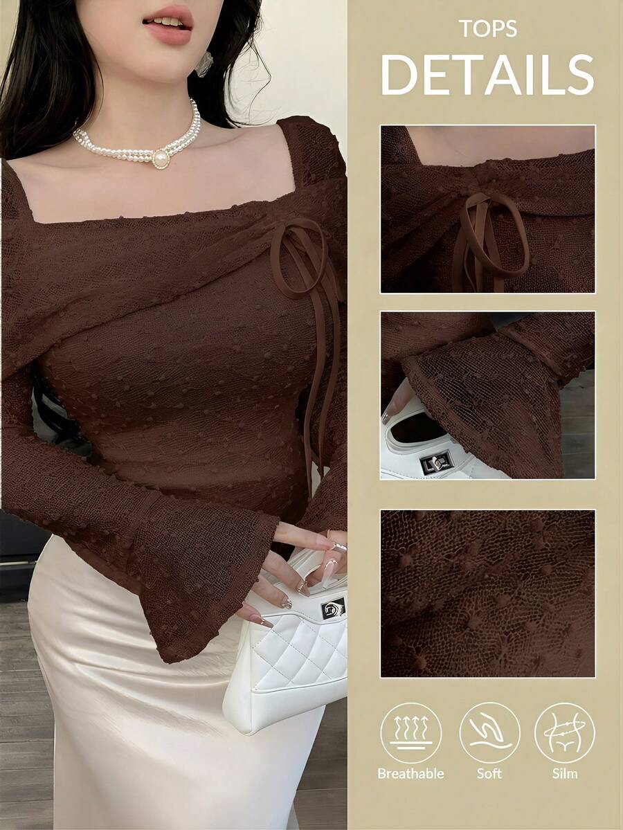Feyla Ladies Stylish Puff Sleeve Square Neck Shirt Fashionable Shirred Dot Blouse