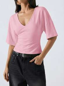 LYSMO Women's 95% Cotton Flared Sleeve Shirt,Soft Pink Deep V-Neck Elegant Fashionable Summer Top,Casual Everyday Comfortable Homewear,Solid Color,Simple - Pink - View 4