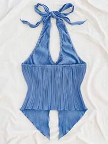 SHEIN Tall CURVE Blusa sin mangas de verano de unicolor con cuello halter, de moda y casual, talla grande - Azul - Ver 2