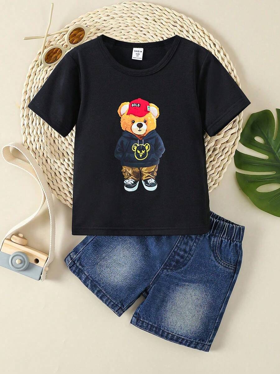 SHEIN Genkimix Kids 年輕男孩的短袖動物及字母印花t恤 - 黑色 - 查看 1