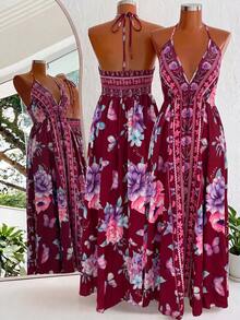 SHEIN Sweetro Váy slip đi biển in họa tiết phong cách Bohemian - Màu Đỏ Sâu - Xem 2