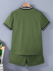 SHEIN Casuvi Kids 2pcs Tween Boy Summer Casual Colorblock Striped Letter Print T-Shirt And Shorts Set, School, Campus, College - Army Green - View 2