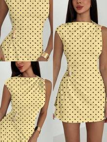 Aloruh Women's Black Polka Dot Ruched Sleeve Mini Dress,Summer Vintage Beach Vacation Holiday,Yellow Elegent Tropical Wedding Guest Gowns,Metal Decor - Yellow - View 3