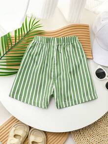 SHEIN Playful Pals Young Boy Casual Striped Suit Shorts,Holiday,Summer,Travel - Lime Green - View 2