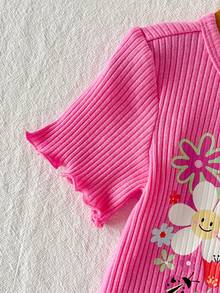 女婴卡通图案针织柔软圆领短袖T恤和松紧腰喇叭裤两件套 - 粉色 - 查看 3