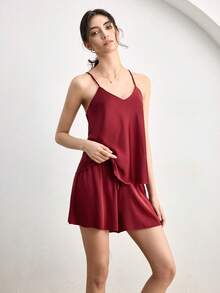 Ocili Bộ đồ ngủ nữ bằng vải satin mềm mại, mịn màng và thoải mái. - Màu Đỏ Sâu - Xem 2