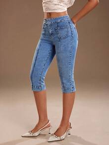 TRNVIE Quần jeans nữ dáng lửng cạp trung bình, có túi, thích hợp mặc thường ngày. - Rửa nhẹ - Xem 3