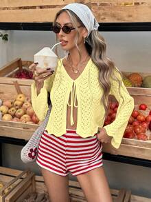Selianne Áo khoác cardigan dài tay kiểu bohemian thoải mái, chất liệu vải dệt họa tiết, thích hợp cho nữ, mùa xuân/hè. - Màu vàng - Xem 4