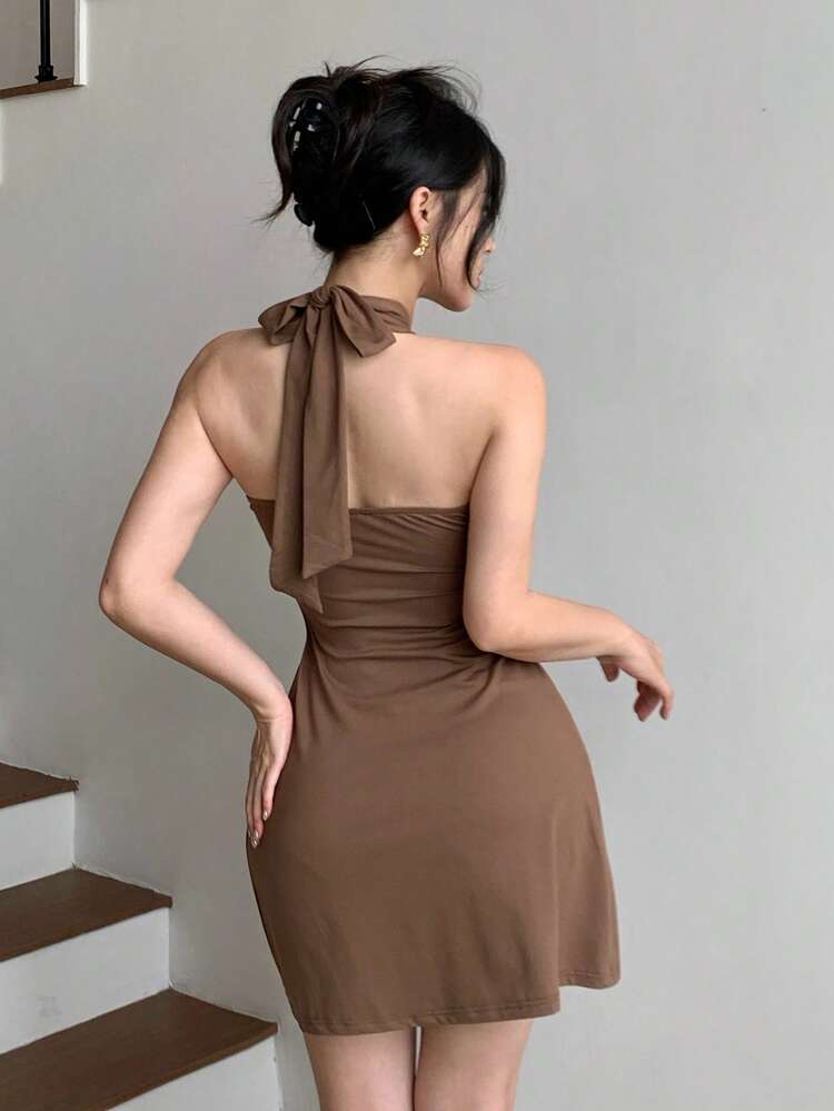 Women's Solid Color Minimalist Daily Wear Halter Mini Dress Sun Dresses For Women Summer