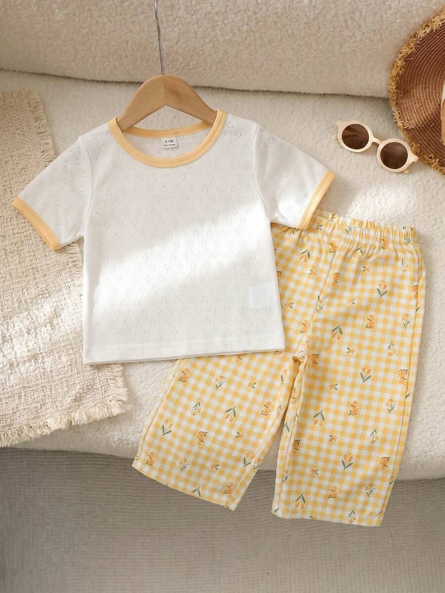 SHEIN Playful Pals 女婴撞色滚边圆领短袖休闲夏季T恤套装