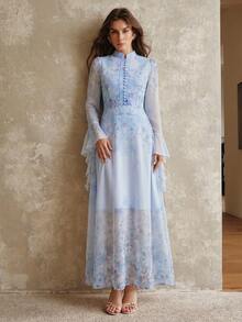 Anewsta Đầm dài tay bằng chiffon màu hồng dành cho nữ, kiểu dáng thanh lịch, lãng mạn, tinh tế và sang trọng, thích hợp cho mùa xuân/hè. - Màu xanh lam - Xem 4