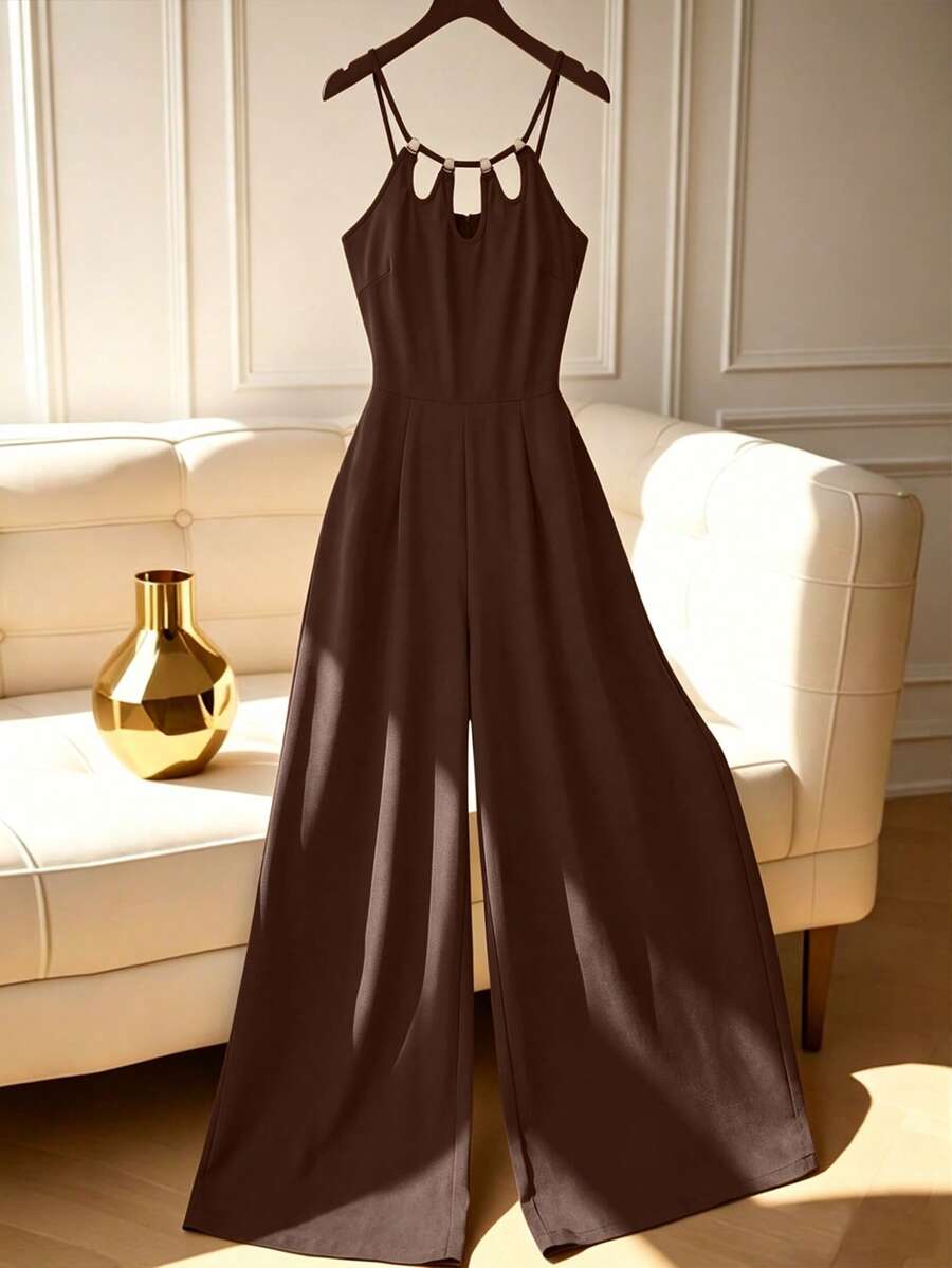 SHEIN Elenzya Bộ áo liền quần nữ cỡ lớn màu trơn, kiểu dáng thường ngày, có dây đeo eo. - màu nâu - Xem 1