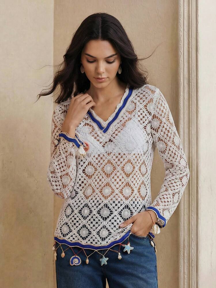 Women's Casual Beach Vacation Style Ocean Pattern Pendant White Hollow Cover-Up