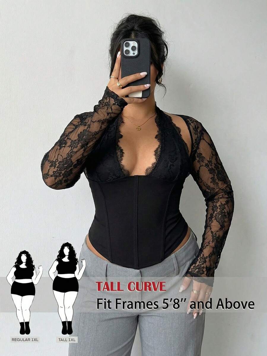 SHEIN Tall CURVE Áo kiểu gợi cảm cổ chữ V khoét sâu phối ren tương phản dành cho nữ cỡ lớn - màu đen - Xem 1