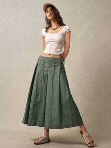 Bohemela Quần ống rộng dáng suông màu trơn thắt eo dành cho nữ, thích hợp cho kỳ nghỉ. - xanh quân đội - Xem 3