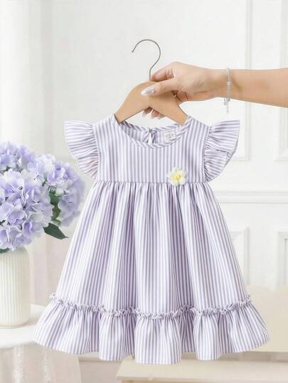 SHEIN Baby GirlColorful Striped Floral Trim Casual Cute Dress With 3D Flower Decor, Spring/Summer
