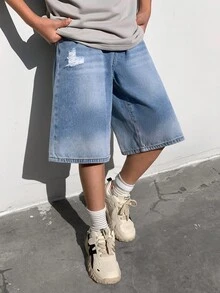 SHEIN Little Byeori 青少年男孩時尚返校街頭風混搭百搭設計 Y2k 復古酷街風簡約基礎款 藍色漸層設計 藍色牛仔短褲 兒童青少年男孩日常穿搭 春夏電音節慶街頭風 - 藍色 - 查看 8