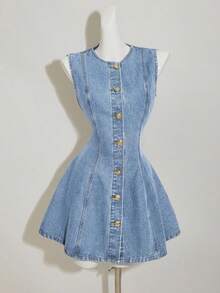 SHEIN MOD Đầm ngắn không tay bằng vải denim dành cho nữ, kiểu dáng ôm vừa vặn, màu xanh dương. - Rửa nhẹ - Xem 5