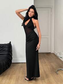 SHEIN Đầm nữ màu đen lưới xuyên thấu gợi cảm, kiểu dáng đuôi cá ôm sát, hở lưng, cổ yếm, khoe eo, thích hợp cho kỳ nghỉ, hẹn hò, tiệc tùng. - màu đen - Xem 4