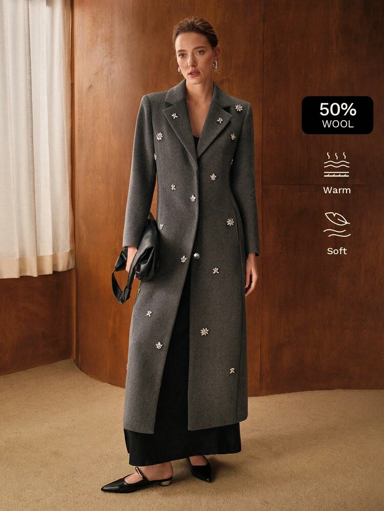 WOOL BLEND ELEGANT PARTY RHINESTONE EMBELLISHED FITTED OVERCOAT, AUTUMN/WINTER