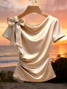 Selianne Elegant,Champagne Gold Summer Dining Satin Asymmetric Bowknot Short Top,Urban Chic Fitted Ruffle Collar Shirt For Wedding,Formal Event,Commute,Party - Apricot - View 3