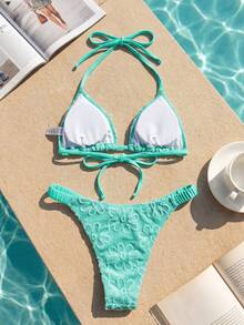 Swim Mod 2pcs/Set Women's Aqua Blue Summer Casual Holiday Vacation Holiday Textured Fabric Halter Backless Triangle Top And Ruched Swim Shorts Bikini Set - Green - View 2