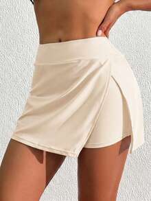 Swim Lushoire Women's Solid Color Beach Outfit With Side Slit Elegant Skorts Design Swimwear And Beach Pants - Apricot - View 3