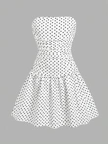 SHEIN Tween Girls Polka Dot Print Ruffle Hem Strapless Mini Dress,Summer Dress,منقط فستان - Apricot - View 7