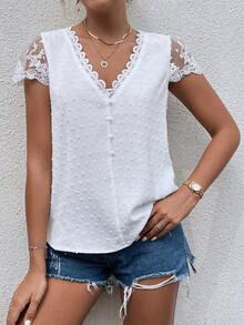 SHEIN Holidaya Blusa de lunares con diseño de encaje con malla con bordado en contraste - Blanco - Ver 4