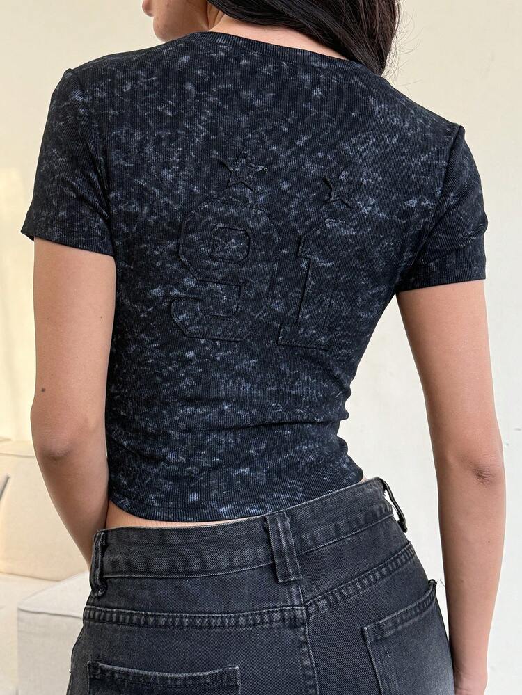 Women's Washed Embroidered Ruched Fitted Short Sleeve Stretch Denim Top Summer